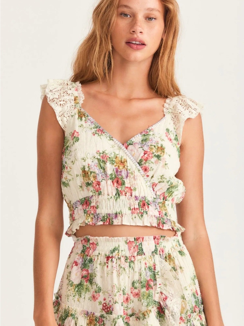 LoveShackFancy Cream Floral Lace-Trim Crop Top